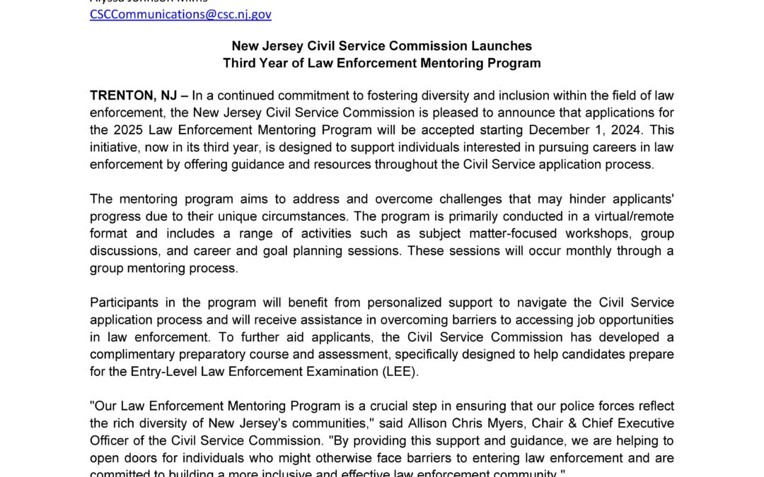 New Jersey Civil Service Commission Launches Third Year of Law Enforcement Mentoring Program