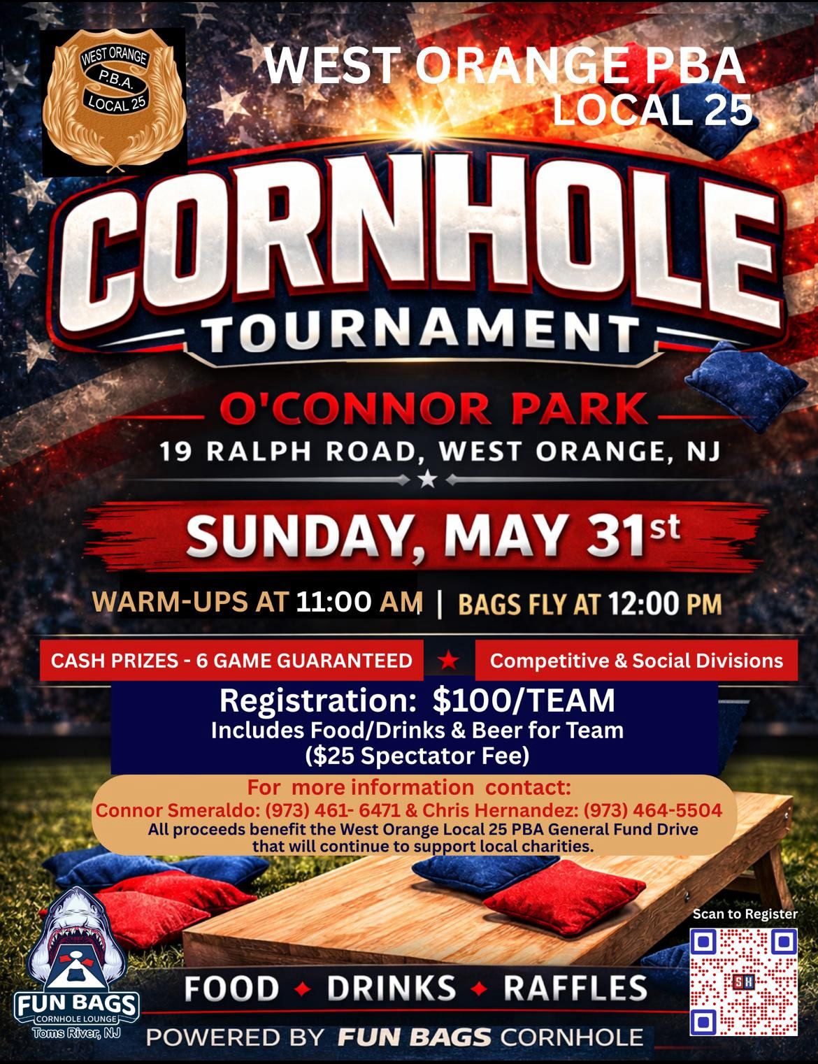 West Orange PBA Local 25 Cornhole Tournament at O’Connor Park – Sunday, May 31