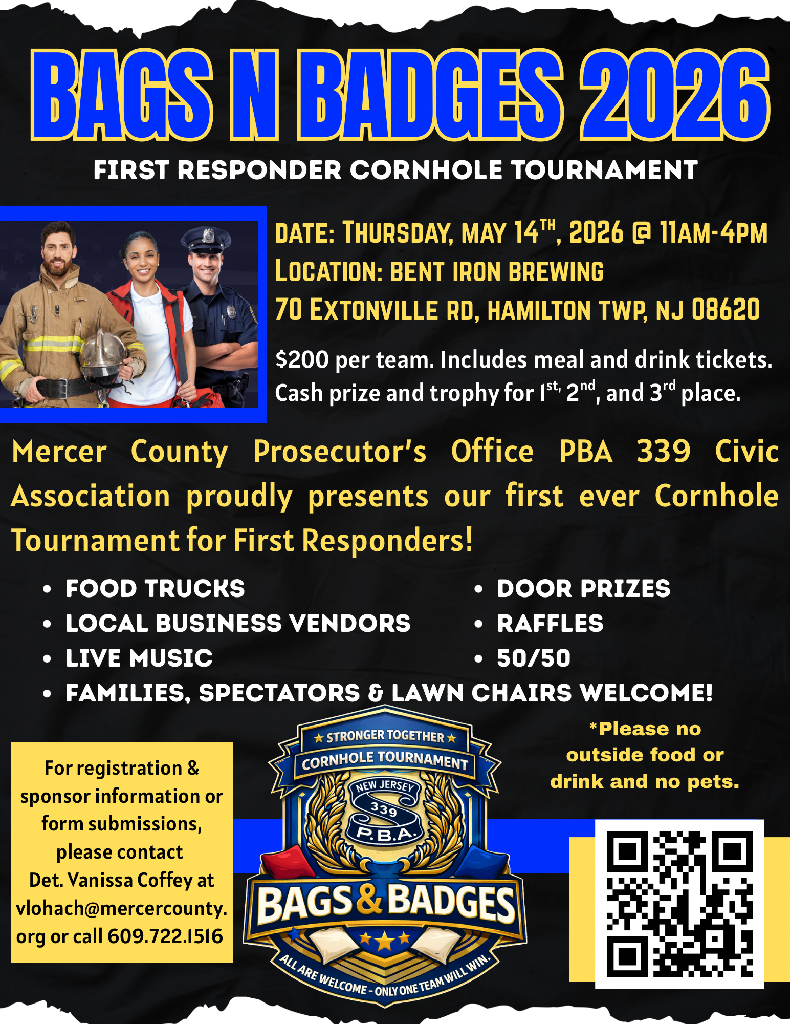 Bags N Badges 2026: First Responder Cornhole Tournament – May 14 at Bent Iron Brewing