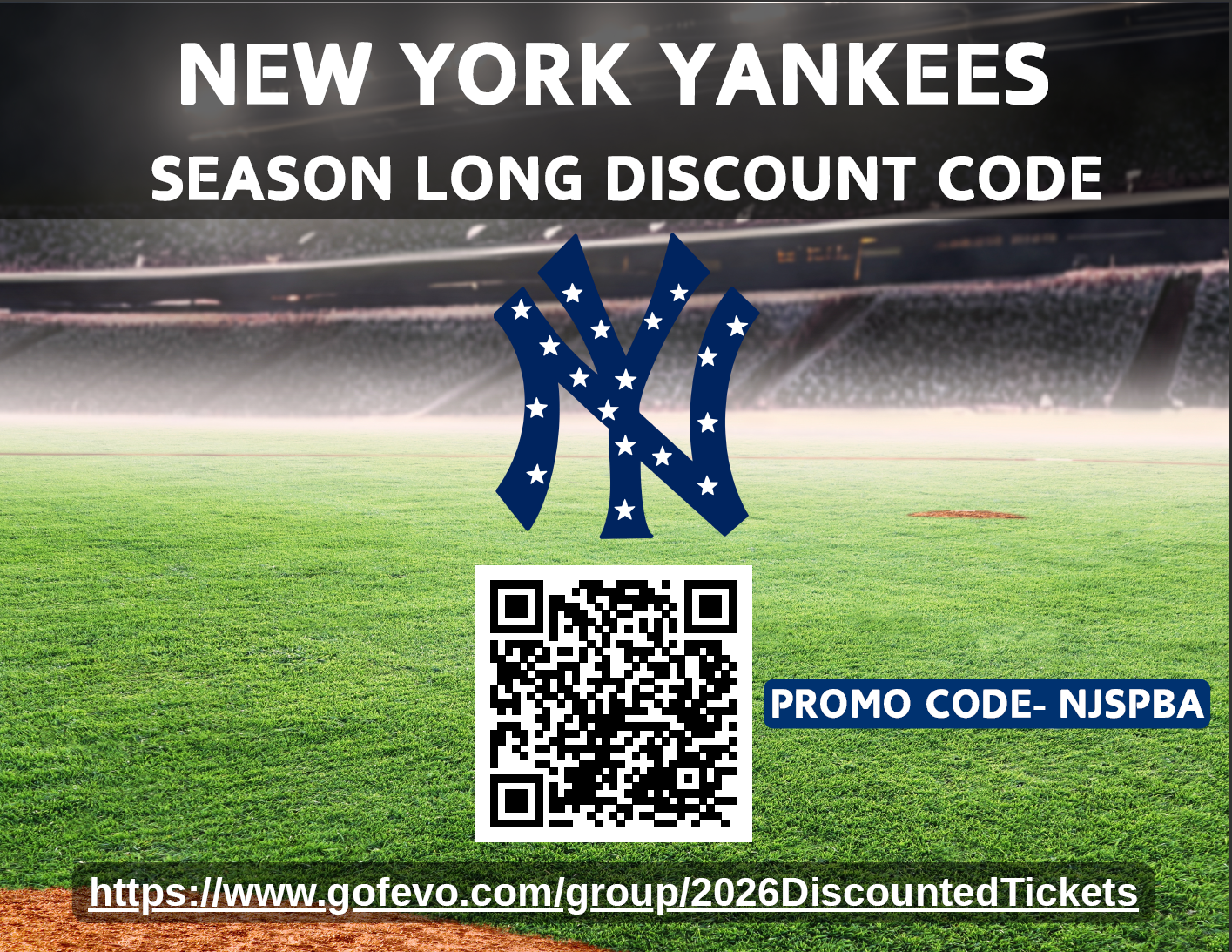 Enjoy special season-long savings on New York Yankees tickets with the NJSPBA discount code. Scan the QR code or use promo code NJSPBA to access discounted tickets throughout the season and take advantage of this exclusive offer.