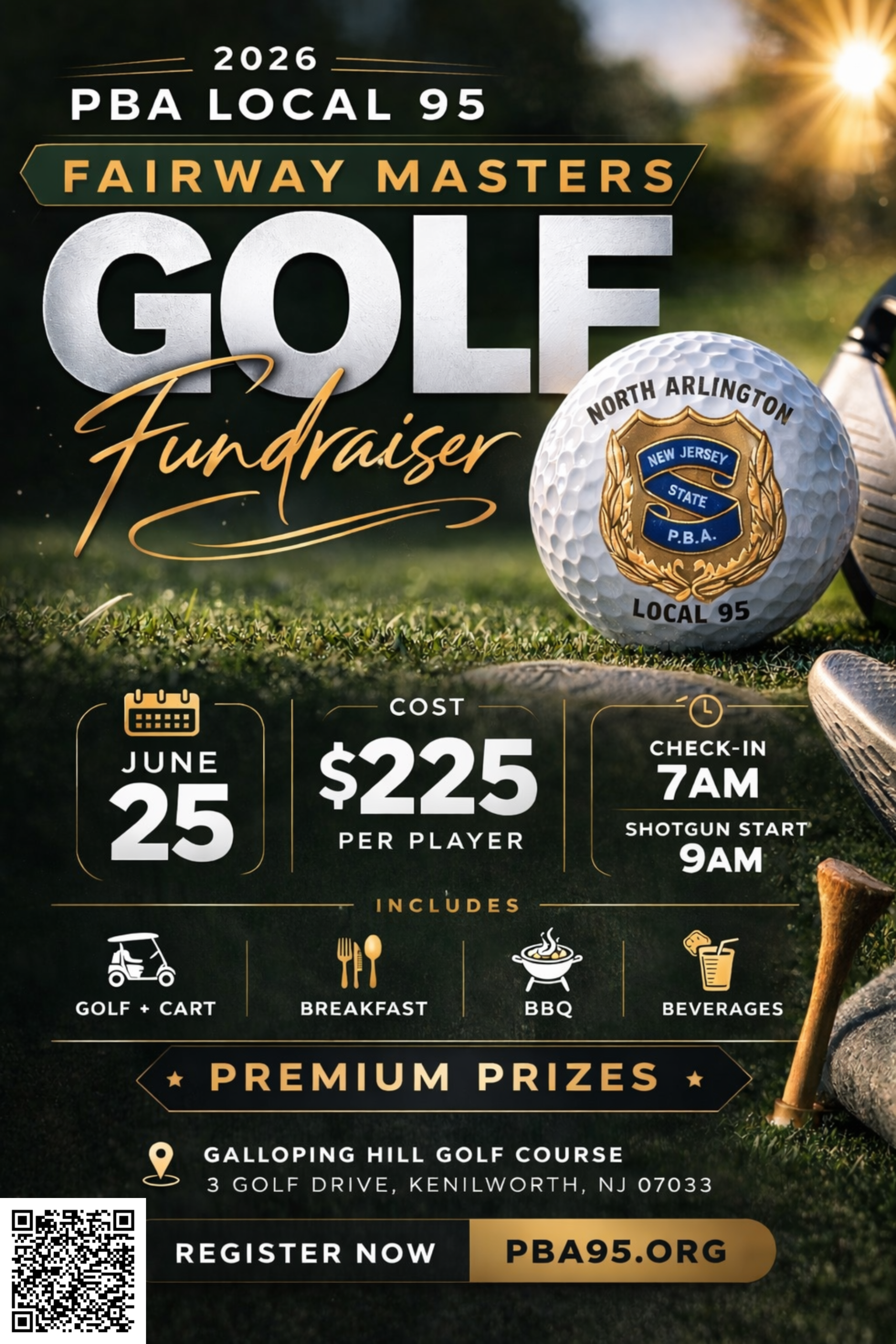 Flyer for the 2026 PBA Local 95 Fairway Masters Golf Fundraiser on June 25 at Galloping Hill Golf Course in Kenilworth. Cost is $225 per player and includes golf, cart, breakfast, BBQ, beverages, and prizes. Register at PBA95.org.