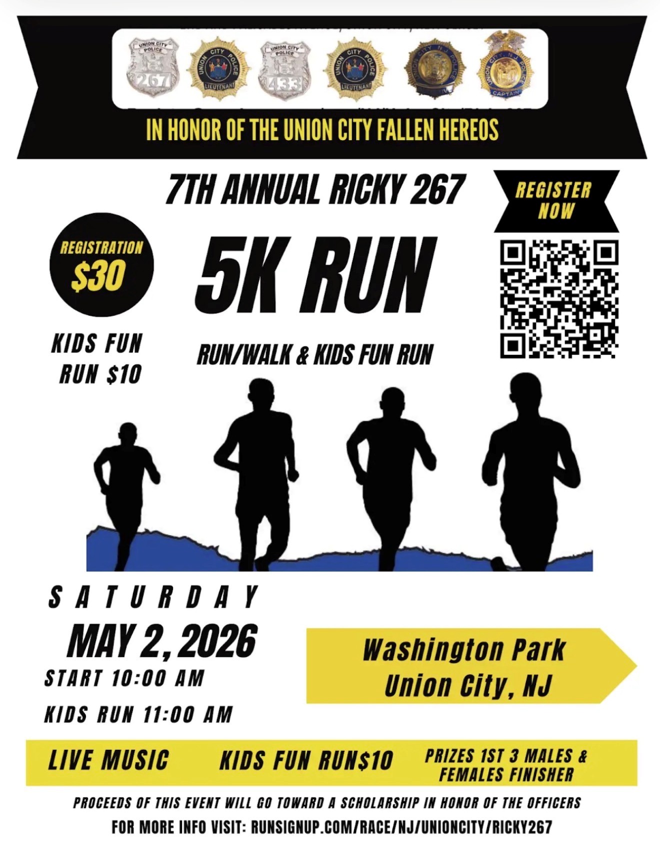 Union City residents and friends are warmly invited to join us for the 7th Annual Ricky 267, a community race and remembrance event honoring our local fallen heroes. Bring the whole family for a morning of fitness, community spirit, and tribute—featuring a 5K Run/Walk, a Kids Fun Run, live music, and awards for top finishers.