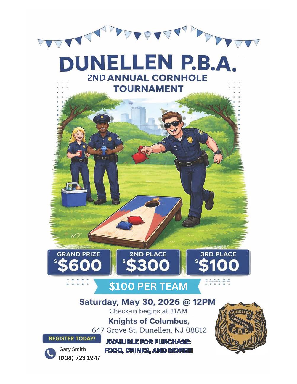 The Dunellen P.B.A. invites residents to join us for our 2nd Annual Cornhole Tournament—an afternoon of friendly competition, community spirit, and fun for a great cause!