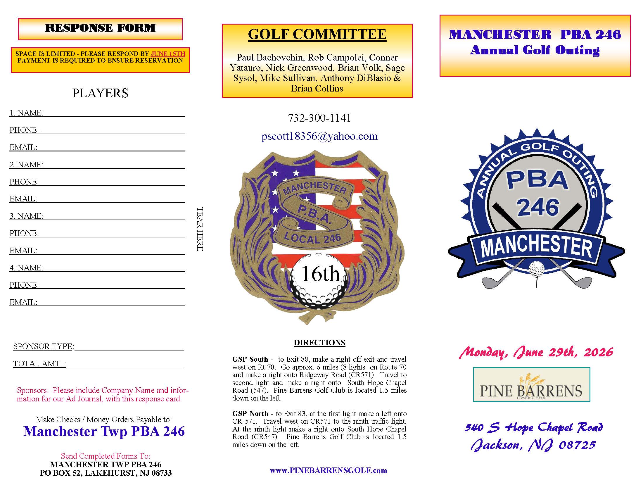 Manchester PBA 246 Annual Golf Outing (Scramble) – June 29, 2026