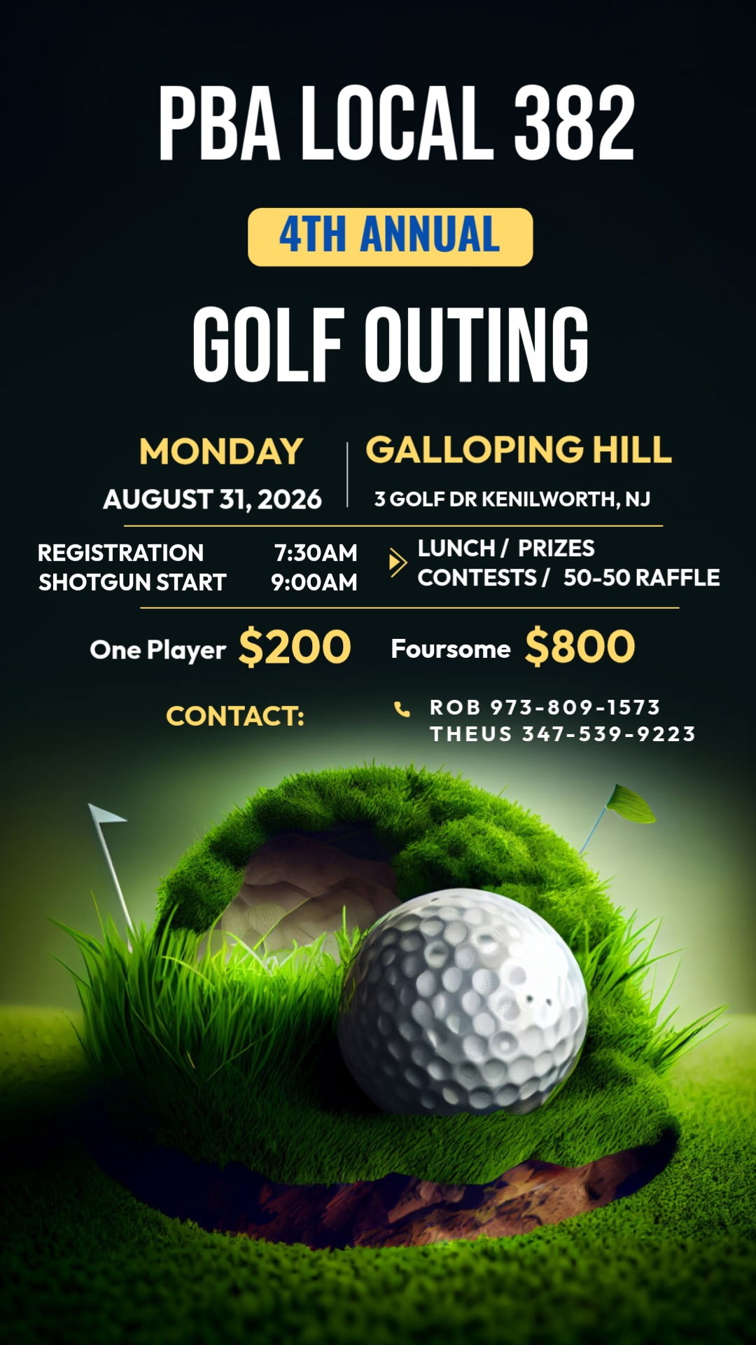 Residents are invited to support PBA Local 382 at its 4th Annual Golf Outing on Monday, August 31, 2026 at Galloping Hill Golf Course (3 Golf Drive, Kenilworth, NJ).