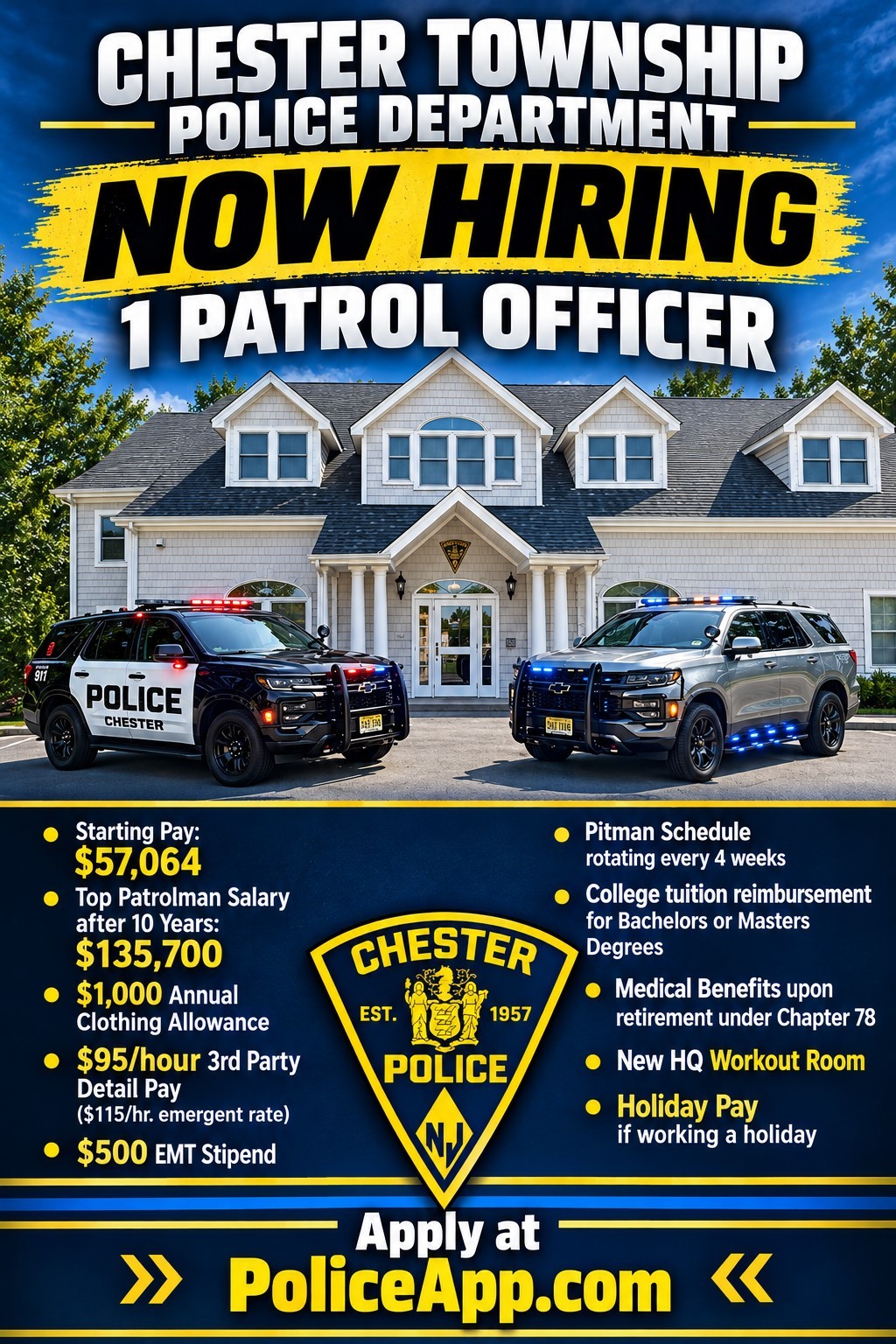 Chester Township Police Department - Police Officer hiring announcement 2026